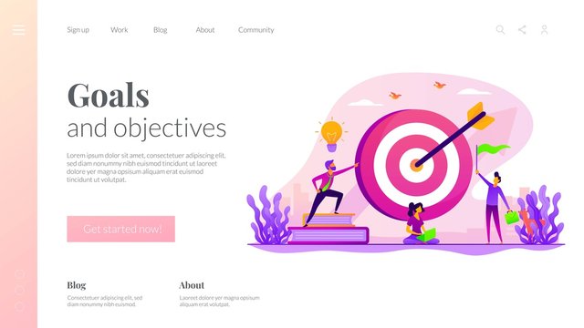 Aim achievement. Business motivation. Finance target. Solution searching. Goals and objectives, business grow, business plan, goal setting concept. Website homepage header landing web page template.