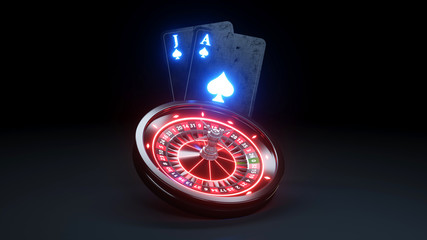 Roulette Wheel and Poker Cards Black Jack Futuristic Casino Concept Design - 3D Illustration