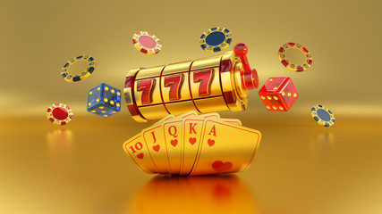 Gold Casino Slot, Dices And Flush Royal Poker Cards - 3D Illustration