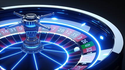 Roulette Wheel Gambling Concept With Neon Lights - 3D Illustration