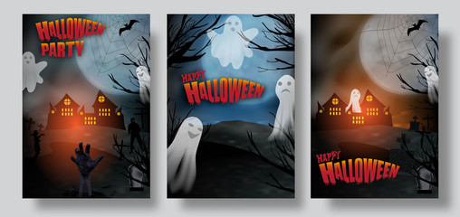 Set Halloween posters or banners dark background graveyard with ghost and zombie hand. Vector