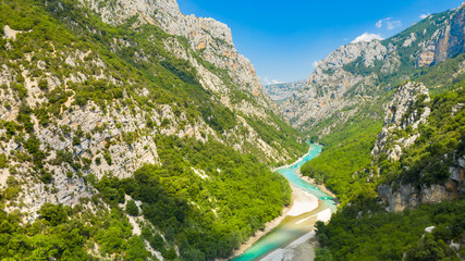 Panoramic view of the Gorges du Verdon, Grand Canyon, left bank. Aiguines, Provence, France. - obrazy, fototapety, plakaty