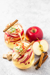 Mulled apple cider autumn drink. Selective focus, space for text.