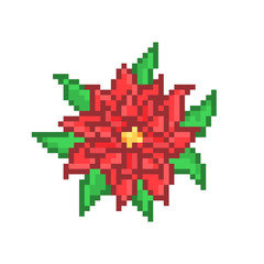 Top view red poinsettia flower, pixel art symbol of Christmas isolated on white background. 8 bit houseplant shop logotype. Old school vintage retro slot machine/video game graphics.