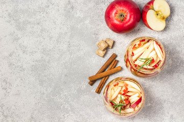 Cinnamon apple cider fall cocktail. Top view, space for text.