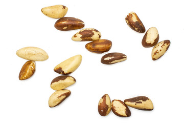 Lot of whole ripe unshelled brazil nut flatlay isolated on white background