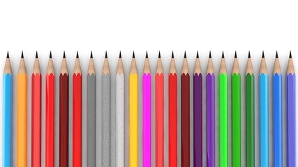  Row of pencils in various colors on white