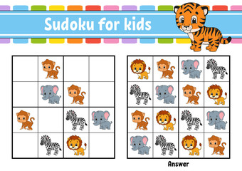 Fototapeta na wymiar Sudoku for kids. Education developing worksheet. Activity page with pictures. Puzzle game for children. Logical thinking training. Isolated vector illustration. Funny character. Cartoon style.