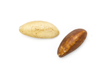 Group of two whole unshelled brazil nut flatlay isolated on white background