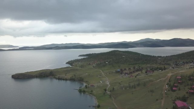 Sunrise about lake Baikal in the summer from drone