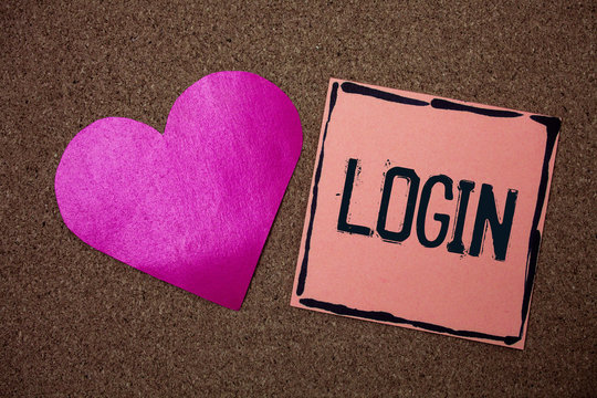 Word writing text Login. Business concept for Act of entering into a computer database or system Starting session Love heart sticky small papers remember rough dark background line drawing