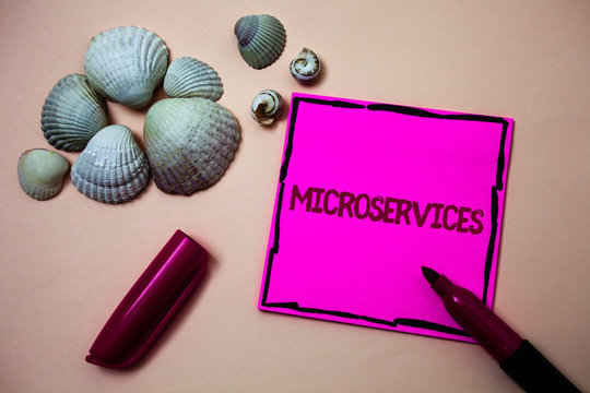 Text sign showing Microservices. Conceptual photo Software development technique Decomposing an application Ink marker open cap small shells handwrittern notes artwork paper sheet
