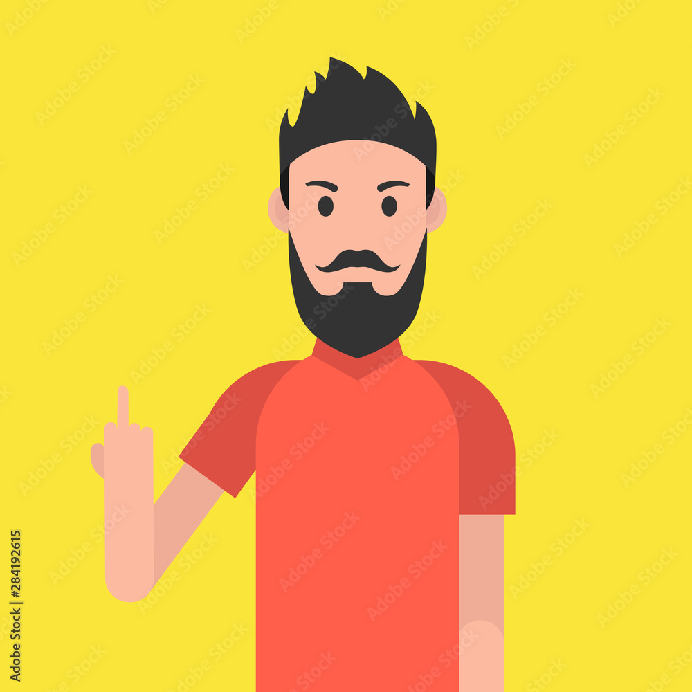 Poster man character with beard. man is showing the middle finger. obscene gesture. vector illustration.