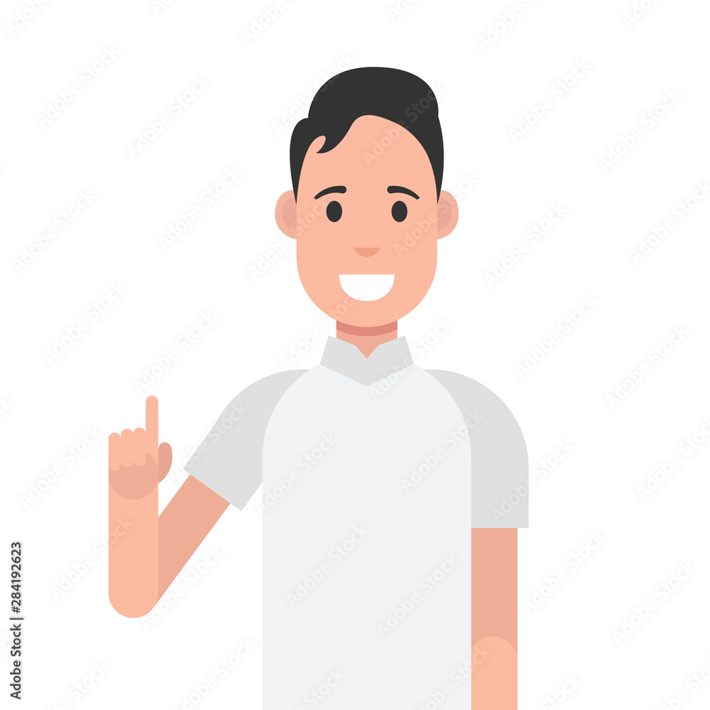Poster man character design. man with a joyful face and a raised index finger. concept of a great idea. vec