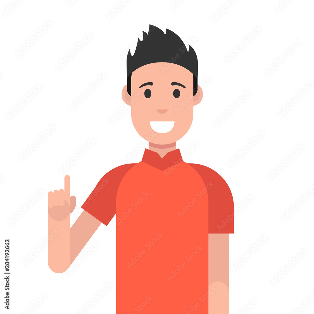 Poster man character design. man with a joyful face and a raised index finger. concept of a great idea. vec