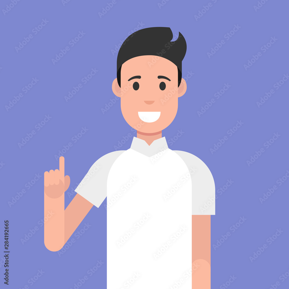 Poster man character design. man with a joyful face and a raised index finger. concept of a great idea. vec