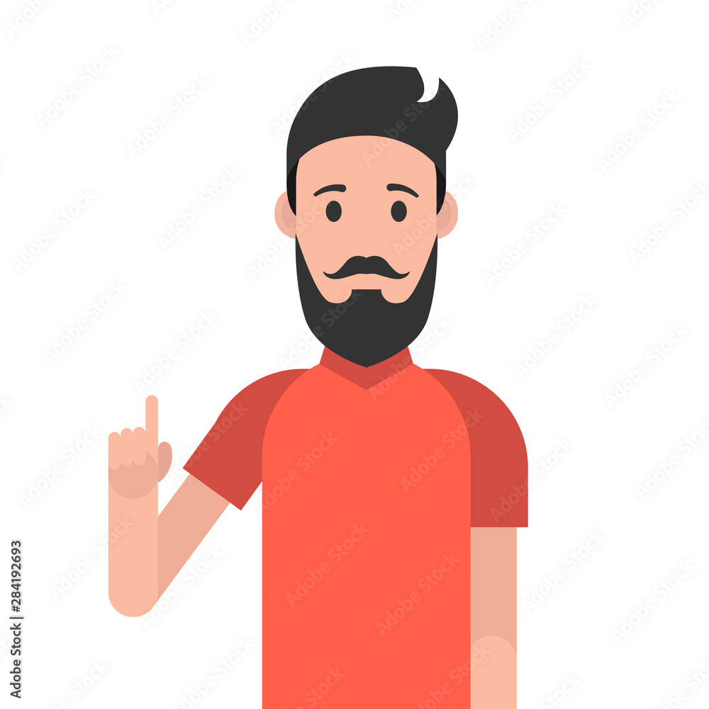Poster man character with beard. man with a joyful face and a raised index finger. concept of a great idea.