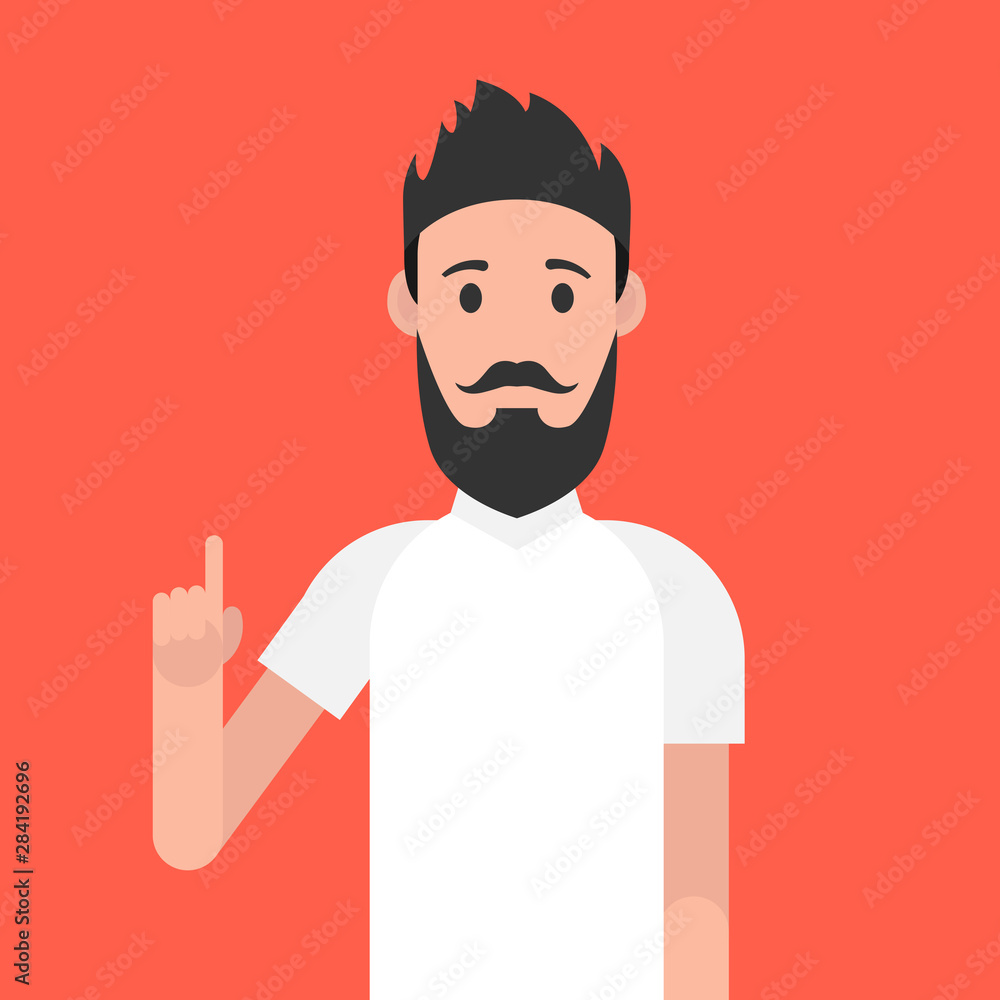 Poster man character with beard. man with a joyful face and a raised index finger. concept of a great idea.