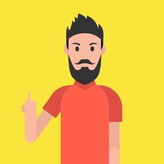 Man character with beard. Man is showing the middle finger. Obscene gesture. Vector illustration.