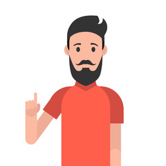 Man character with beard. Man with a joyful face and a raised index finger. Concept of a great idea. Vector illustration.