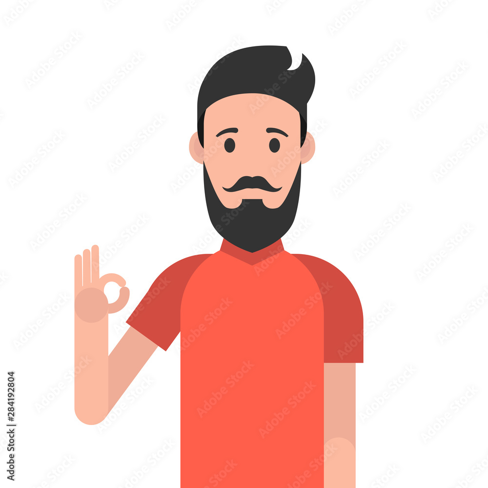 Poster man character with beard. man is showing a gesture okay. vector illustration.