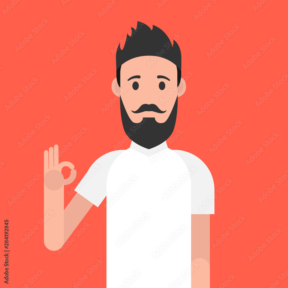 Poster man character with beard. man is showing a gesture okay. vector illustration.