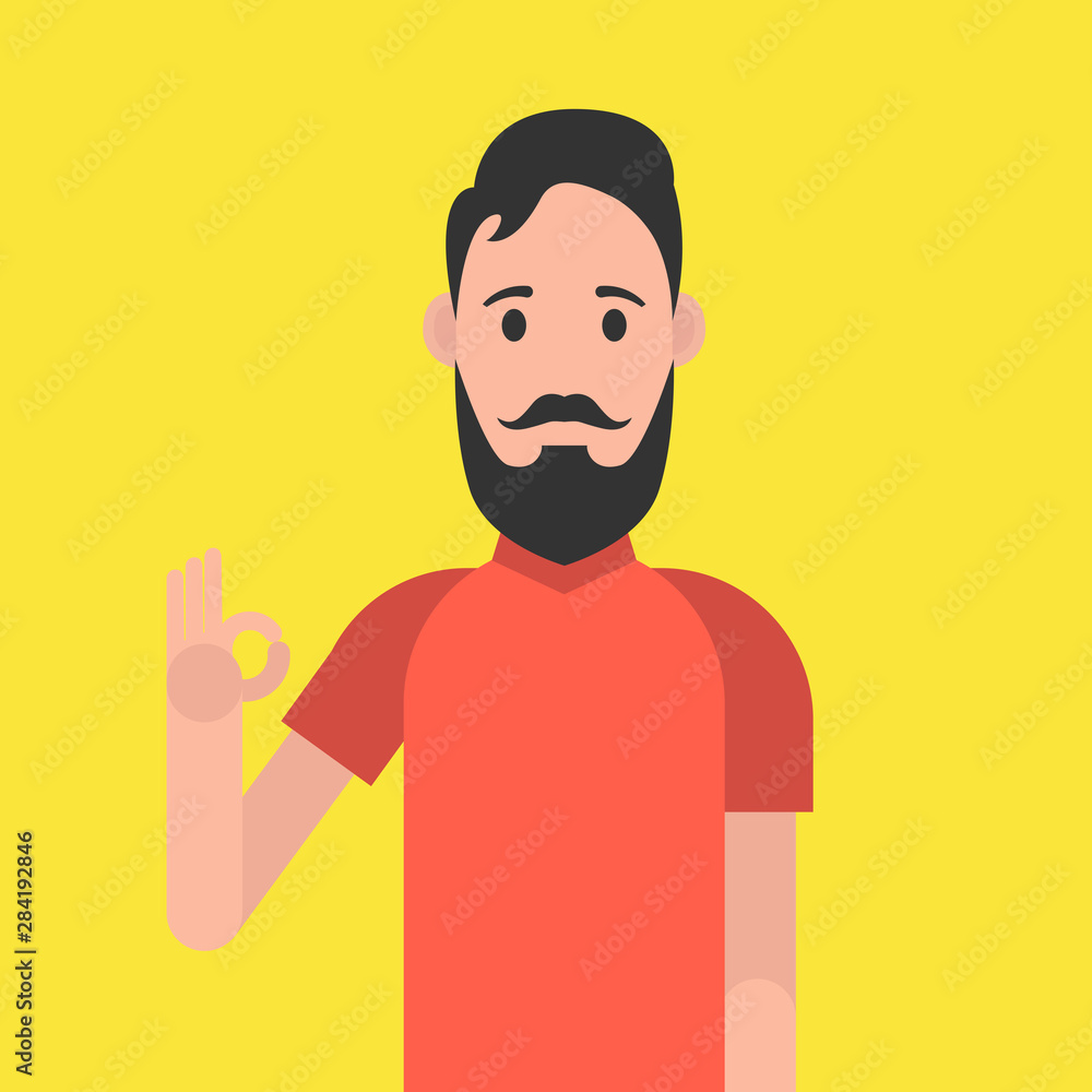 Poster man character with beard. man is showing a gesture okay. vector illustration.