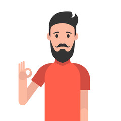 Man character with beard. Man is showing a gesture Okay. Vector illustration.