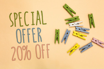 Text sign showing Special Offer 20 Off. Conceptual photo Discounts promotion Sales Retail Marketing Offer Yellow base with painted texts colorful paper clips laid randomly on ground