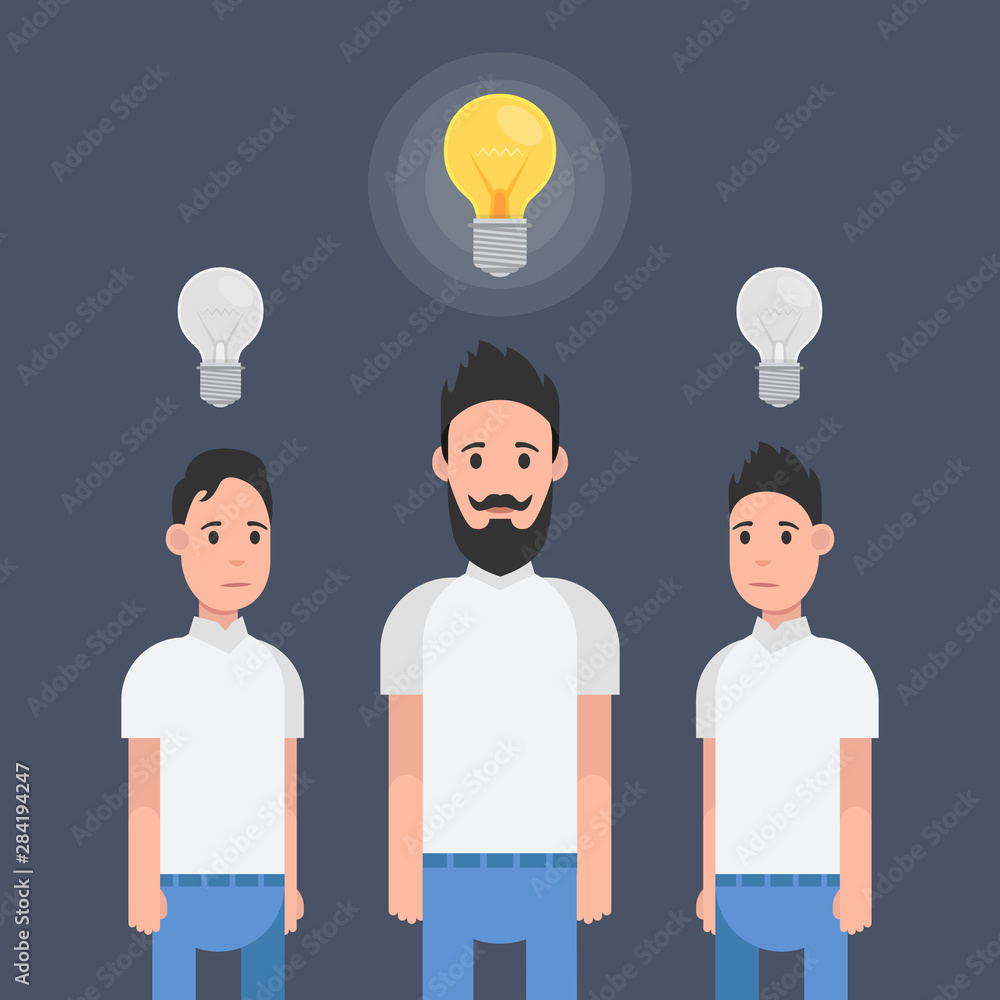 Aufkleber man have good idea. other people do not have any idea. solution of the problem. vector illustration.