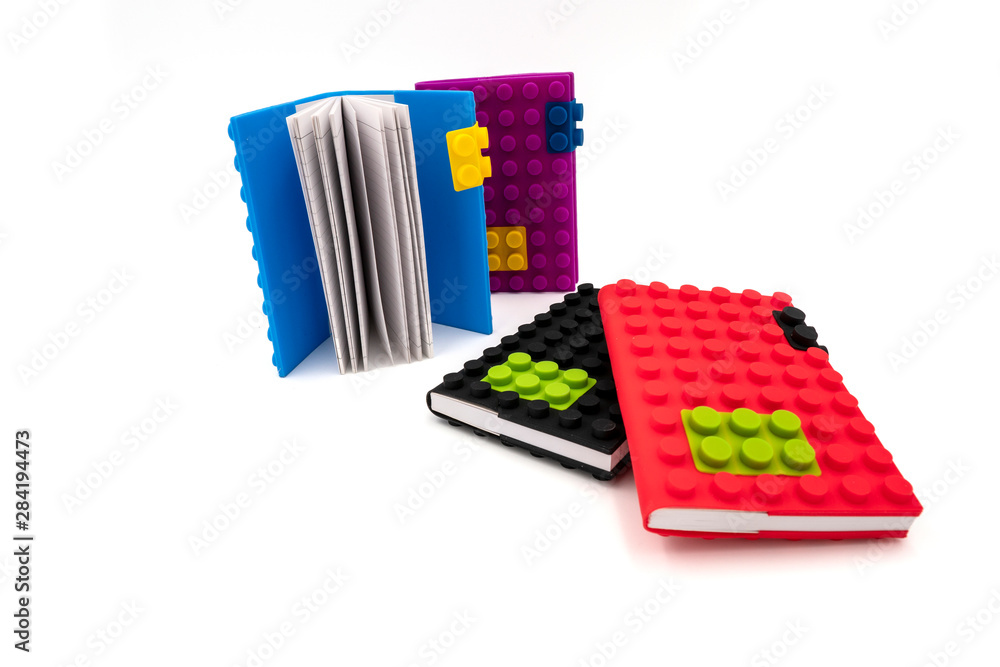 Poster creative building blocks toys notebooks isolated on white background