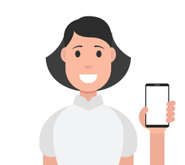 Happy woman showing smartphone. Vector illustration.