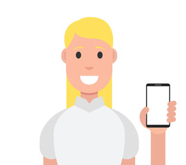 Happy woman showing smartphone. Vector illustration.