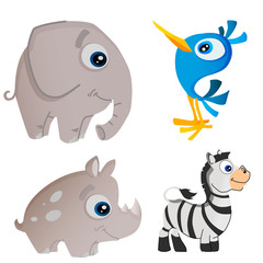 set of cartoon animals isolated on white background elephant, bird, rhino, zebra