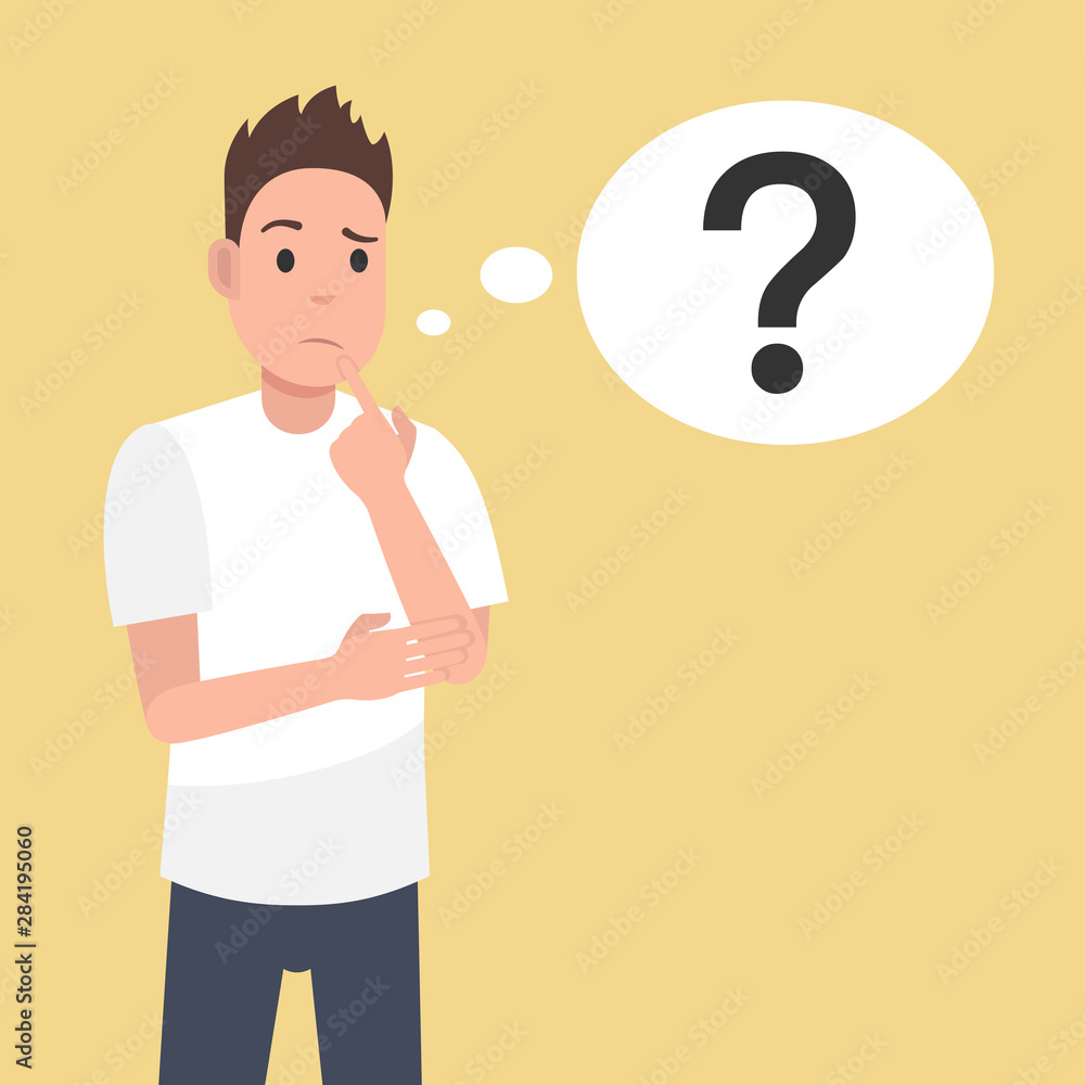 Poster man is thinking. question mark. character design. vector illustration.
