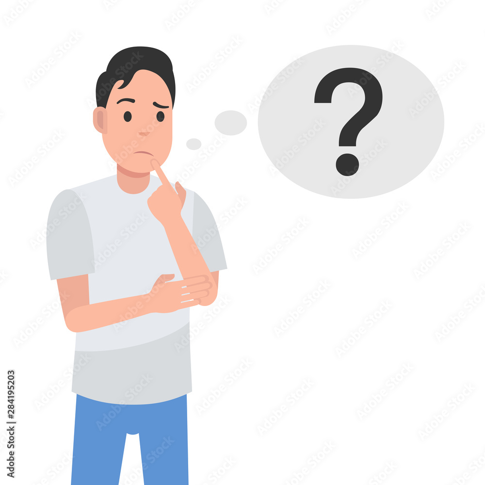 Poster man is thinking. question mark. character design. vector illustration.