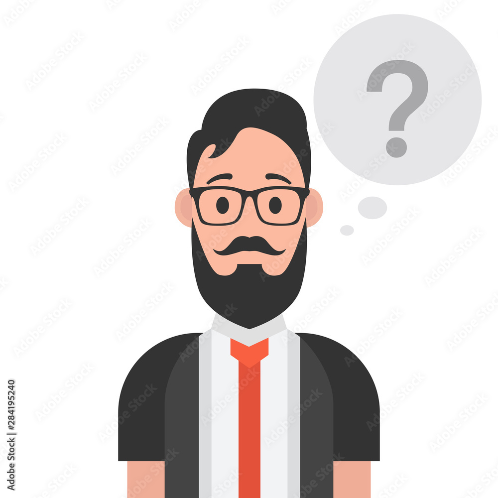 Poster man with question mark in think bubble. vector illustration.