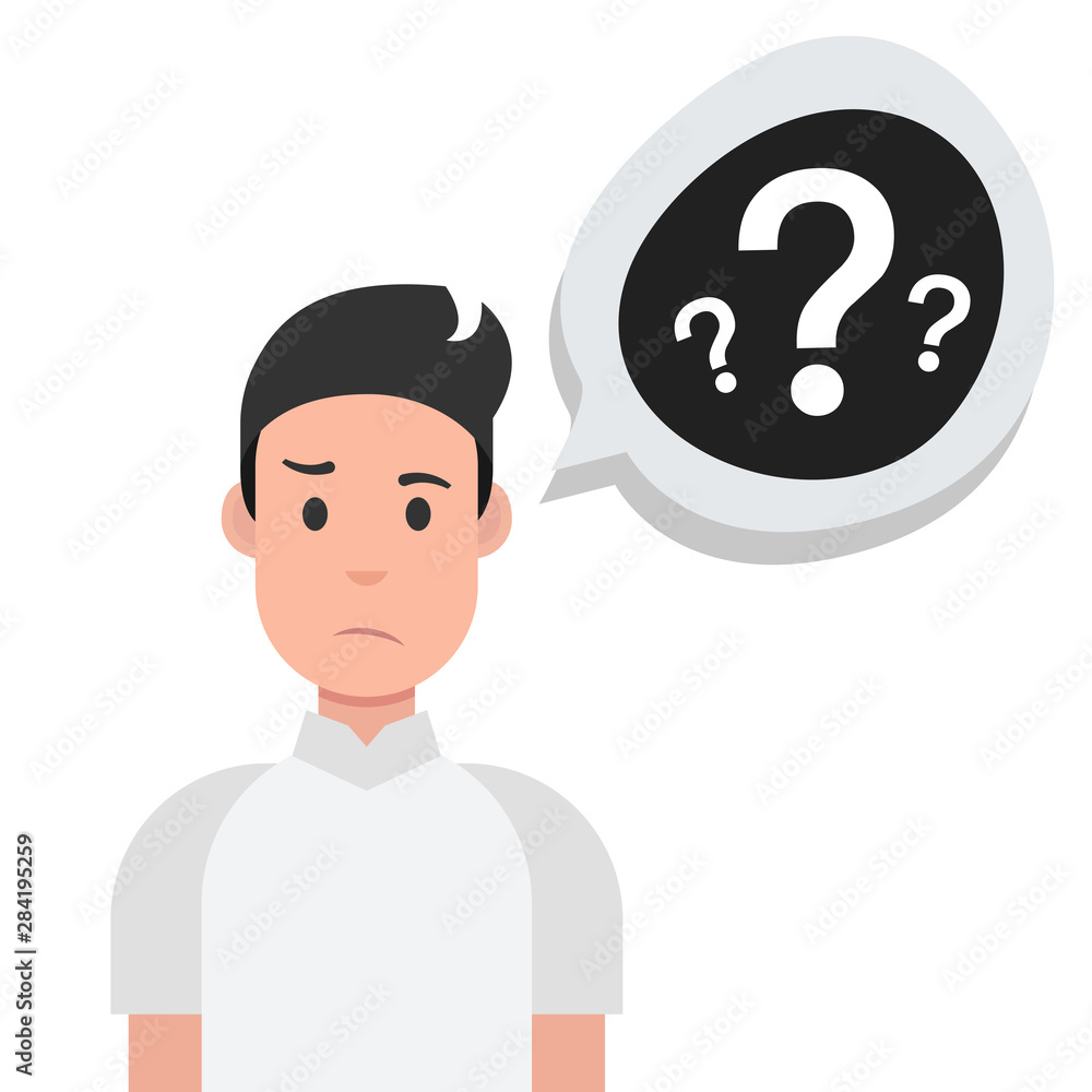 Poster man with question mark in think bubble. vector illustration.
