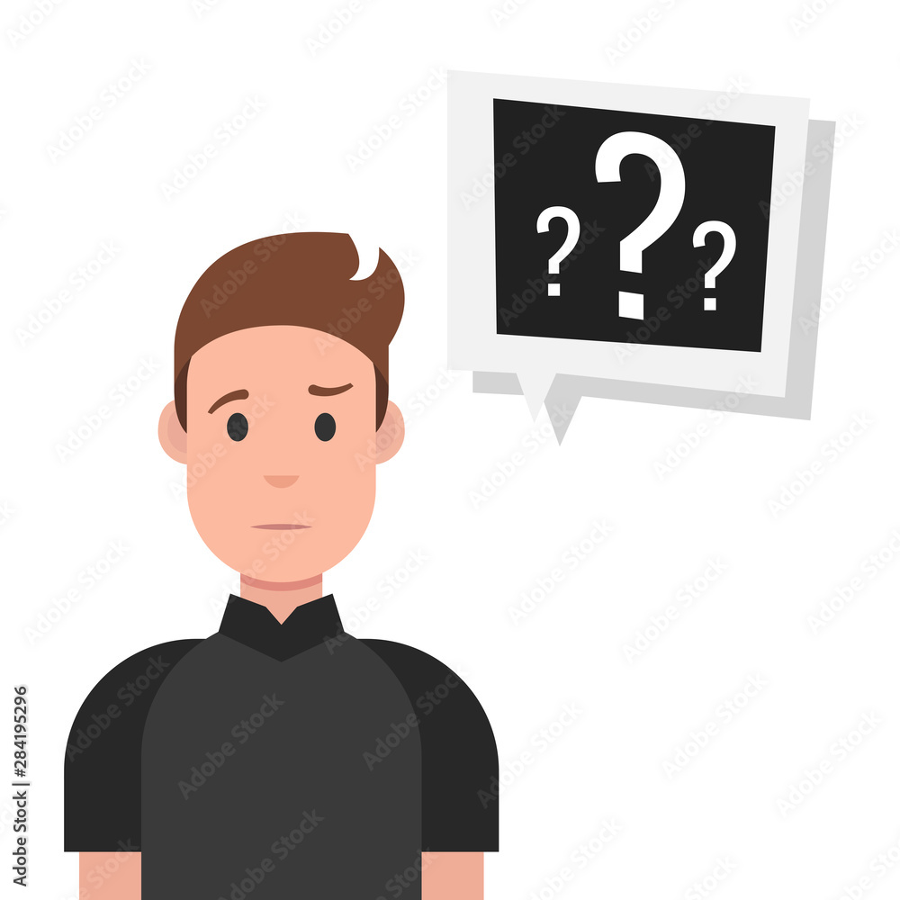 Poster man with question mark in think bubble. vector illustration.
