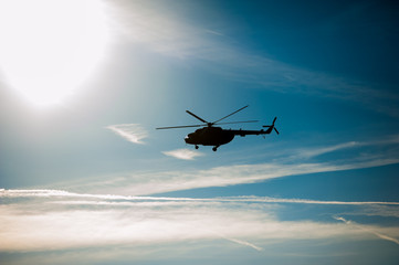 Military helicopter flying during exercise