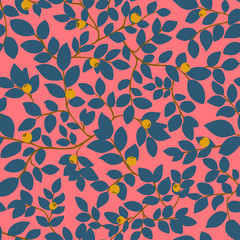 Small yellow  berries with blue leaves on pink background. Seamless pattern