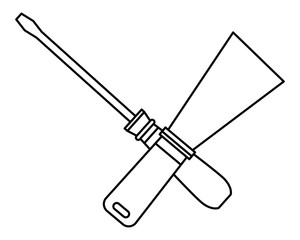 Construction tools crossed cartoon symbol in black and white