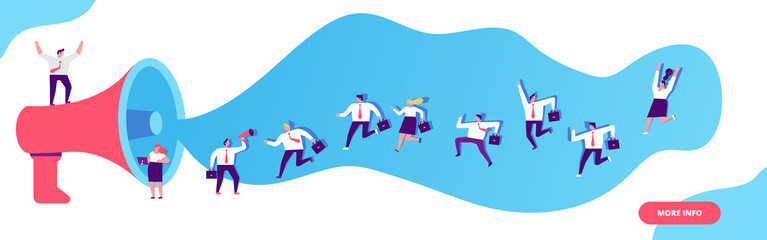 Group of people shouting on huge megaphone horizontal banner.. Business man and woman running. Join our team vector illustration concept. Flat style illustration for web.	
