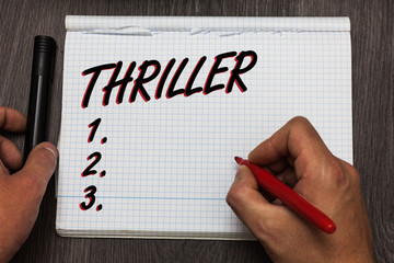 Handwriting text writing Thriller. Concept meaning Chilling frightful moments in life film and movie category Graph paper thoughts ideas important marker pens practical book jobs