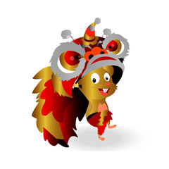 Rat and lion dance in celebration card of chinese rat year. Zodiac animal luck of 2020. Vector