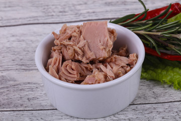 Tasty canned tuna fish in the bowl
