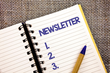 Word writing text Newsletter. Business concept for Bulletin periodically sent to subscribed members News report Ball point pen work spring diary chronicle daily routine jute background