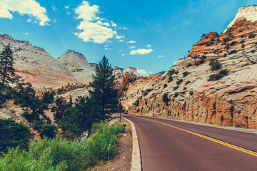 Classic american southwest road during a road trip to famous national parks