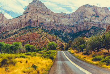 Classic american southwest road during a road trip to famous national parks