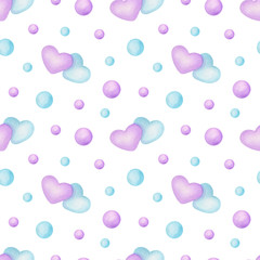 Fototapeta na wymiar Gentle hearts watercolor seamless pattern. Gentle blue and purple hearts. Design for fabric, textile, wallpaper, greeting card.